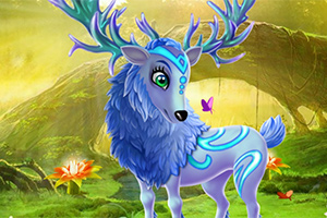 신비로운 파란 사슴이 초원 위에 서 있으며, 큰 뿔과 화려한 무늬, 주변에 나비와 꽃이 있는 풍경