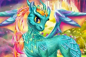 파란 몸에 화려한 갈기를 가진 귀엽고 밝은 눈의 판타지 드래곤