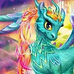 파란 몸에 화려한 갈기를 가진 귀엽고 밝은 눈의 판타지 드래곤