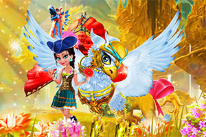 여성 캐릭터와 날개 달린 말, 붉은색과 파란색이 섞인 드래곤이 화려한 배경의 꽃밭에 있는 모습