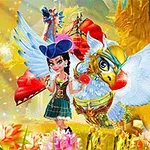 여성 캐릭터와 날개 달린 말, 붉은색과 파란색이 섞인 드래곤이 화려한 배경의 꽃밭에 있는 모습