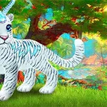 하얀 호랑이와 유니콘의 특징을 가진 동물 캐릭터가 숲을 배경으로 서 있습니다