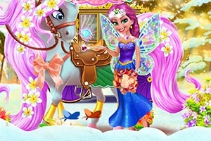 요정 날개를 가진 소녀가 꽃장식의 분홍색 말과 함께 서 있는 모습