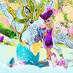 어린 소녀가 화려한 갑옷을 입은 날개 달린 마법의 말과 함께 서 있는 환상적인 장면