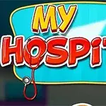 밝은 파란색 배경 위에 MY HOSPITAL이라는 텍스트와 청진기 및 의료 도구 아이콘이 있는 이미지
