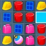 노란 안전모, 빨간 통, 파란 창문, 분홍색 물통이 격자 형태로 배열되어 있는 이미지