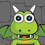 초록색 드래곤이 커다란 눈과 날개를 펼치고 있는 만화 이미지