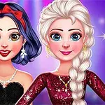 두 명의 애니메이션 여성 캐릭터가 드레스를 입고 서로 옆에 서 있는 모습