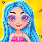 파란 머리와 선글라스를 쓴 여자 캐릭터, 밝은 노란색 배경