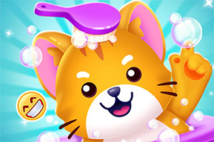 귀여운 만화 스타일의 고양이가 목욕하면서 주황색 털과 비누 거품으로 둘러싸여 있으며, 보라색 브러시가 머리에 놓여 있다