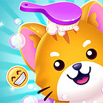 귀여운 만화 스타일의 고양이가 목욕하면서 주황색 털과 비누 거품으로 둘러싸여 있으며, 보라색 브러시가 머리에 놓여 있다