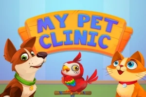 개와 고양이, 앵무새가 있는 MY PET CLINIC라는 문구의 알록달록한 간판