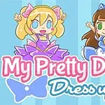 두 명의 귀여운 캐릭터가 각기 다른 캐릭터 의상을 입고 포즈를 취하고 있으며, 배경에 My Pretty Doll Dress up!