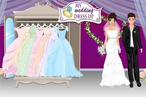 옷장에 다양한 색상의 드레스가 걸려 있고 웨딩 드레스를 입은 신부와 턱시도 차림의 신랑이 서 있는 모습