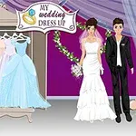 옷장에 다양한 색상의 드레스가 걸려 있고 웨딩 드레스를 입은 신부와 턱시도 차림의 신랑이 서 있는 모습