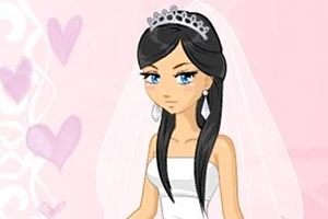 검정 머리의 만화 여성 캐릭터가 흰 웨딩드레스와 베일을 착용하고 있는 모습, 배경에는 핑크색 하트들이 장식되어 있습니다
