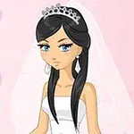 검정 머리의 만화 여성 캐릭터가 흰 웨딩드레스와 베일을 착용하고 있는 모습, 배경에는 핑크색 하트들이 장식되어 있습니다