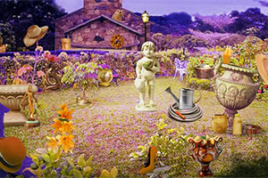 꽃으로 가득 찬 정원에 다양한 장식품과 조각상이 있으며, 중앙에 작은 천사 조각상이 서 있는 모습