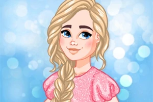 금발 머리를 땋고 분홍색 반짝이 옷을 입은 애니메이션 캐릭터가 파란 배경 앞에 있는 모습