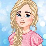 금발 머리를 땋고 분홍색 반짝이 옷을 입은 애니메이션 캐릭터가 파란 배경 앞에 있는 모습