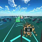 푸른 하늘과 바다가 배경으로, 중앙에 숫자 판정과 빛나는 효과가 있는 게임 화면