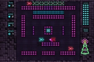 어두운 배경 위에 네온 핑크와 파란색 블록으로 이루어진 미로와 두 대의 네온 탱크가 중앙에 있는 화면
