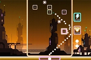 산업적인 배경 속에서 미디어적인 요소들과 점선이 포함된 디지털 인터페이스