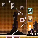 산업적인 배경 속에서 미디어적인 요소들과 점선이 포함된 디지털 인터페이스