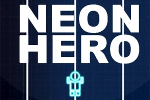 짙은 배경 위에 NEON HERO라는 큰 텍스트와 작은 네온 블루 로봇 그림