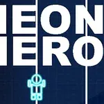 짙은 배경 위에 NEON HERO라는 큰 텍스트와 작은 네온 블루 로봇 그림