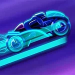 푸른 배경 위에 디지털 스타일로 묘사된 미래형 바이크
