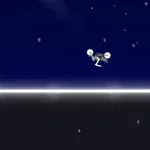 어두운 배경에 별이 흩어진 밤하늘 아래 하얀 선 위를 달리는 기계적인 인물