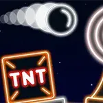 검은 배경 위에 TNT 상자와 빨간 중심의 원형 표적이 있으며, 구체가 그 쪽으로 날아가는 모습