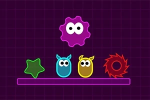 알록달록한 만화 스타일의 귀여운 다양한 모양의 캐릭터들이 어두운 배경 위에 배치되어 있다