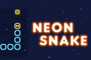 네온 사각형으로 이루어진 뱀 모양과 NEON SNAKE라는 텍스트가 어두운 배경에 빛나는 이미지