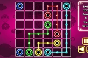 다채로운 배경의 격자 위에 파란색, 빨간색, 초록색, 노란색의 선들이 이어진 퍼즐 보드