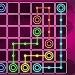 다채로운 배경의 격자 위에 파란색, 빨간색, 초록색, 노란색의 선들이 이어진 퍼즐 보드