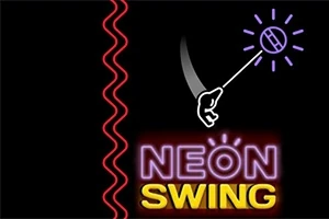 검은 배경에 네온 조명 스타일의 NEON SWING 문구와, 공을 잡고 흔드는 손이 묘사된 이미지