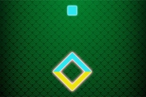 초록색 배경 위에 파란 네온 테두리의 사각형과 노란색을 포함한 다이아몬드 모양의 그래픽