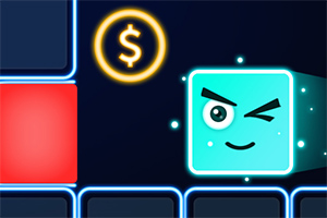 윙크하는 얼굴 표정의 파란색 빛나는 네모 캐릭터와 노란색 달러 기호가 있는 이미지