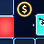 윙크하는 얼굴 표정의 파란색 빛나는 네모 캐릭터와 노란색 달러 기호가 있는 이미지