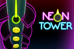 네온 색상의 추상적인 타워 왼쪽에 게임 컨트롤 그래픽과 오른쪽에 NEON TOWER라는 텍스트가 있습니다
