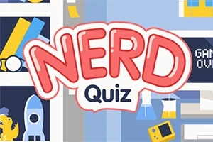 NERD Quiz라는 글자가 중앙에 있고, 주변에 다양한 아이콘과 책이 있는 장면