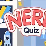 NERD Quiz라는 글자가 중앙에 있고, 주변에 다양한 아이콘과 책이 있는 장면