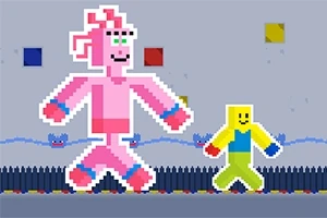 분홍색과 노란색의 픽셀 캐릭터 두 명이 어두운 바닥 위를 걷고 있는 장면