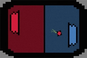 빨간색과 파란색으로 분할된 화면에 가운데 작은 빨간색 도형이 있는 장면