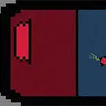 빨간색과 파란색으로 분할된 화면에 가운데 작은 빨간색 도형이 있는 장면