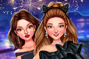 두 명의 여성 캐릭터가 밤하늘에 불꽃놀이를 배경으로 화려한 드레스를 입고 있는 모습