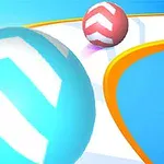 큰 파란 공과 작은 빨간 공이 곡선 트랙을 따라 굴러가는 모습