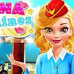 비행기 앞에 서 있는 스튜어디스 복장을 한 금발 여성과 화려한 글씨로 NINA Airlines라는 텍스트가 있는 이미지